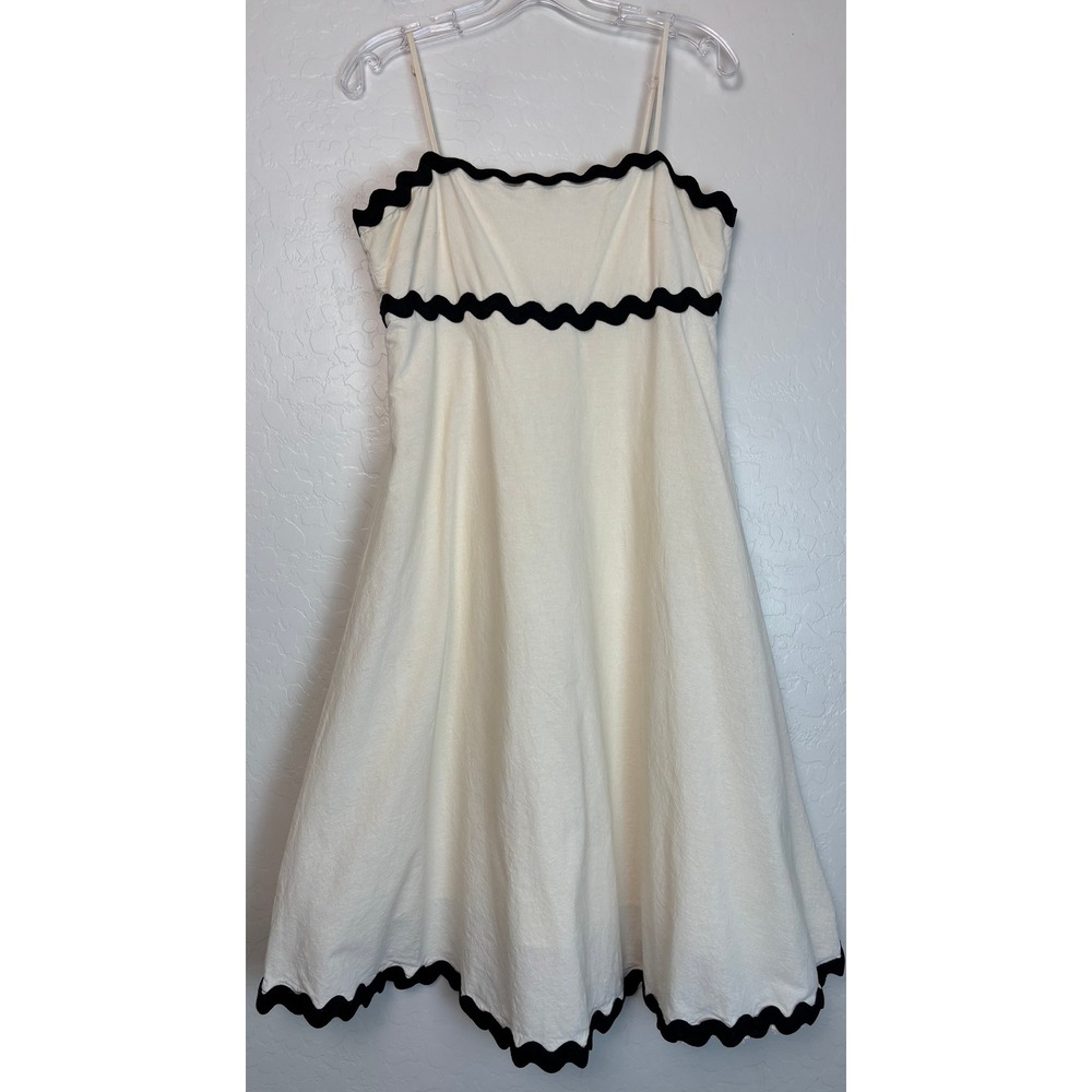 Fortunate One Cream Black Ric Rac Trim Cotton Midi Dress XL Sleeveless 2563